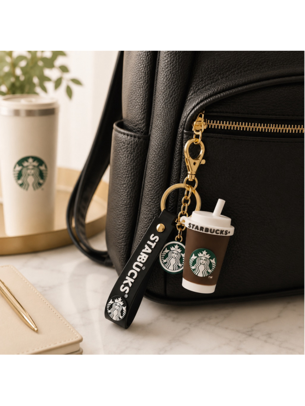 NEW Starbucks Mini Cold Cup Wristlet Keychain Bag Charm – Brown and Gold - Picture 3 of 5